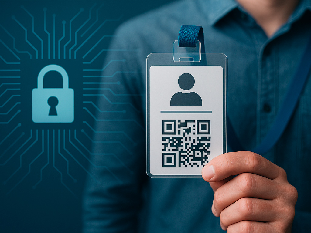Exposição de dados digitais representada por crachá com QR Code e ícone de segurança ao fundo.